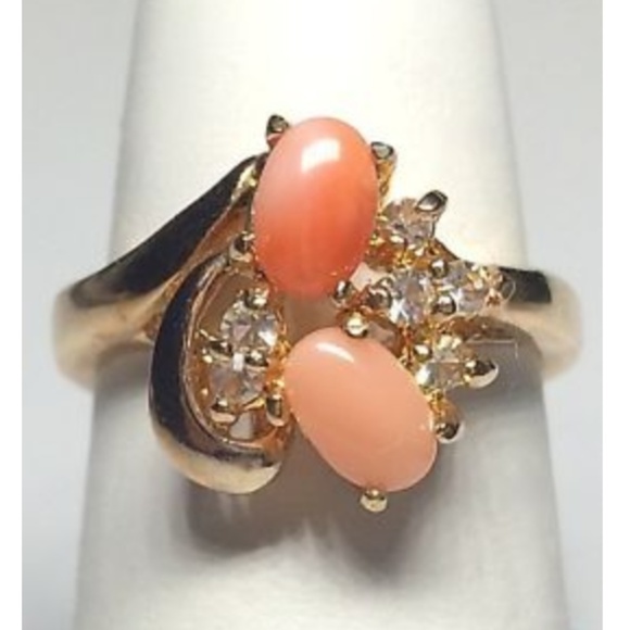 Gold Peach Coral CZ Cocktail Statement Ring Size 6 - Picture 2 of 8